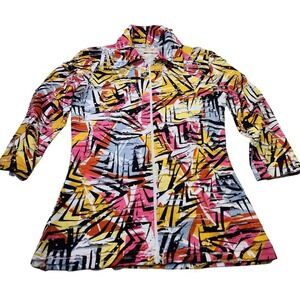 Sno Skins Womens XS Abstract Geometric Laser Cut Zip Front 3/4 Sleeve Top Multi